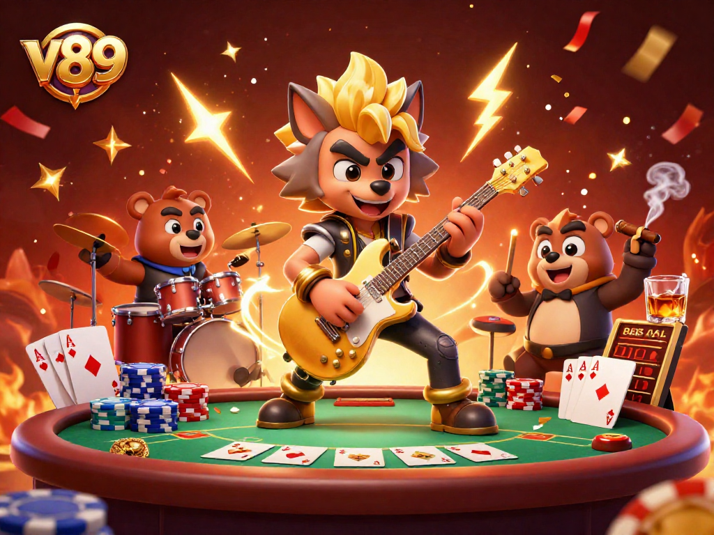 chip poker berwarna dan tabel poker dengan v89 dalam suasana kasino yang meriah