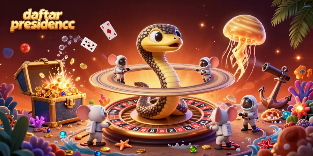Bettors engage with the cosmic dealer in a vibrant scene depicting daftar presidencc's casino games.