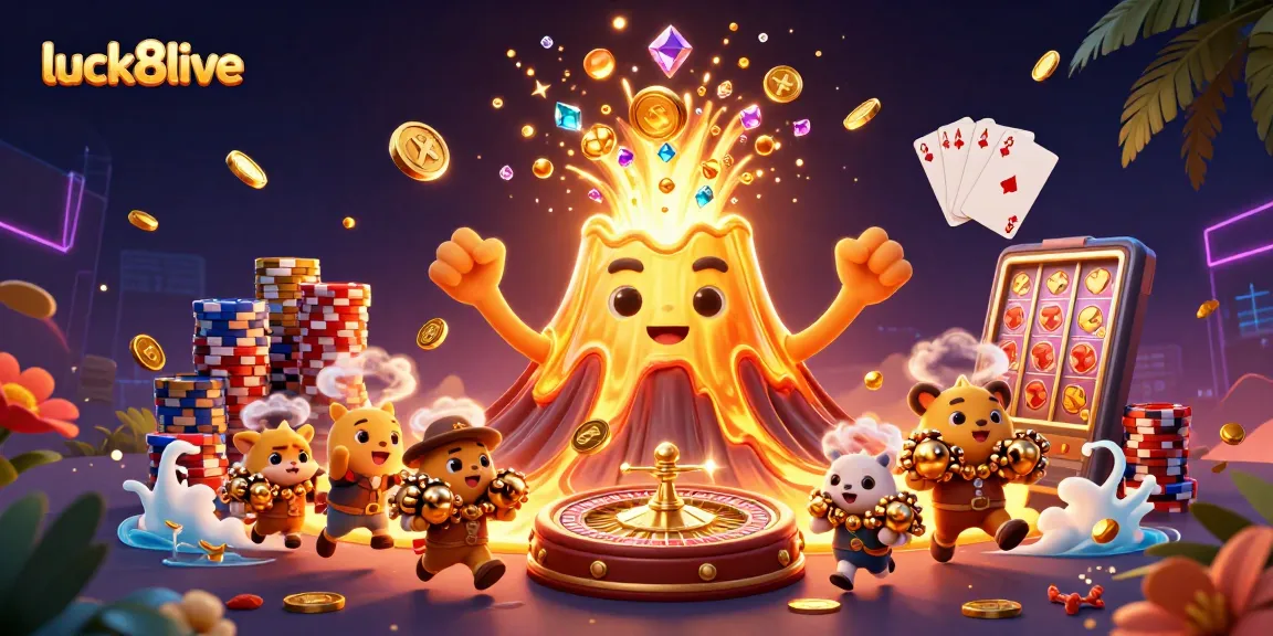 Experience the thrill of playing at luck8live, featuring a triumphant volcano erupting with coins and gems.