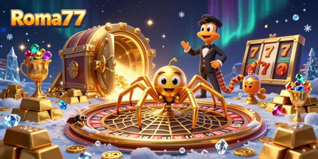 Experience the thrill of Roma77 with a golden spider and centipede croupier in a vibrant, dynamic casino scene.