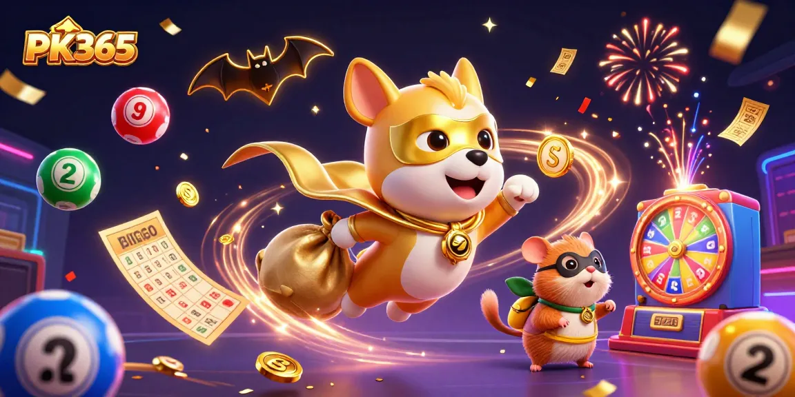 Experience the thrill of PK365 with a captivating illustration of a superhero dog and hamster amidst casino elements.