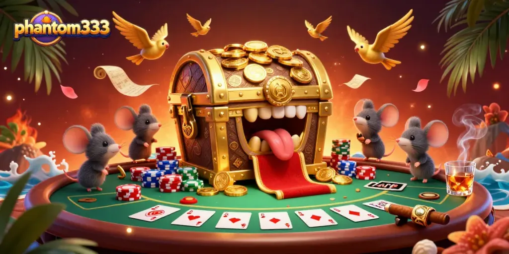 Engage with phantom333 as mice are drawn to a treasure chest amid a vibrant casino scene.