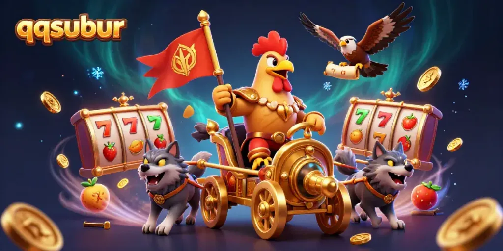 Engage with qqsubur gaming through a dynamic scene of slot machine elements and a heroic rooster leader.