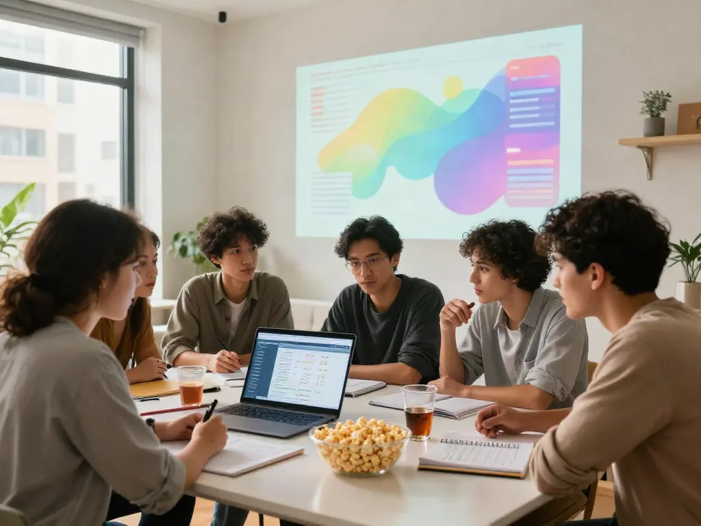 Diskusi data macau di meja modern dengan teman-teman, menunjukkan suasana kolaboratif dan antusias.