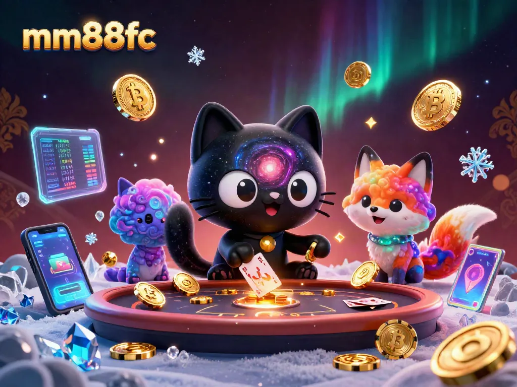 Experience mm88fc's cosmic casino with a black hole cat and nebula fox attracting golden chips.