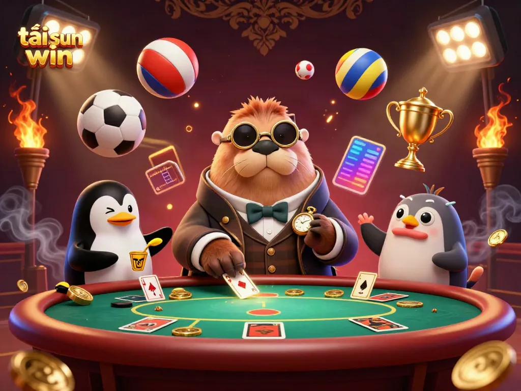 Exciting underwater poker scene featuring a penguin dealer, jolly walrus, and pufferfish playing, promoting tải sun win.