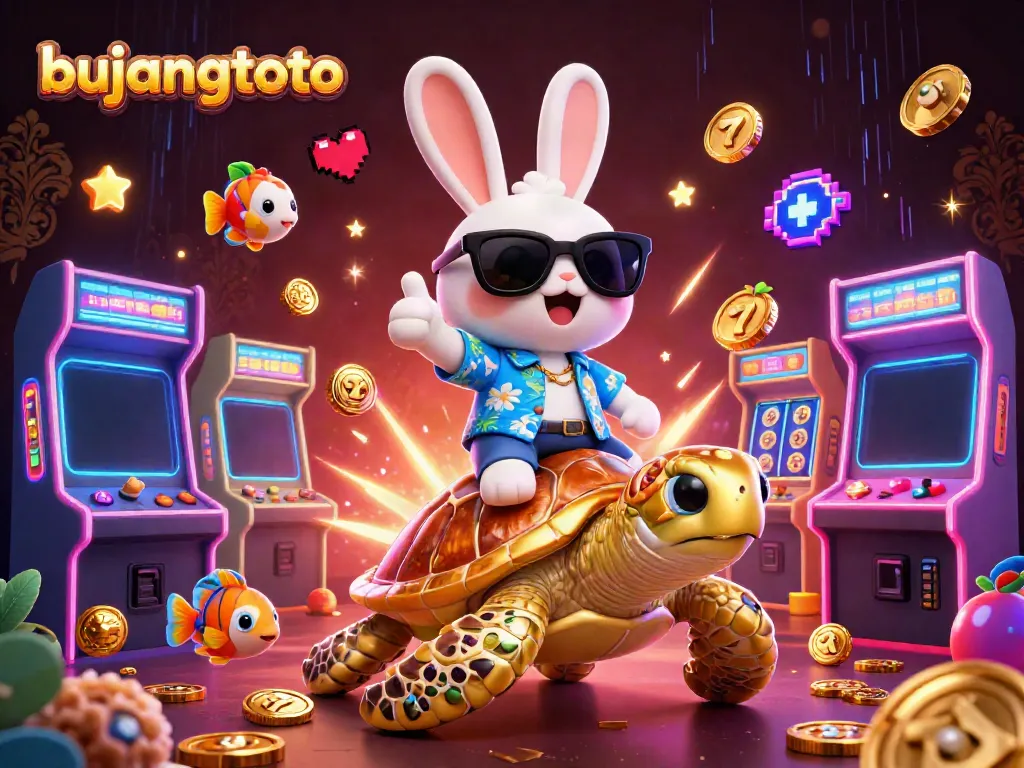 Bujangtoto promotional illustration featuring a lucky rabbit and golden turtle with casino elements.