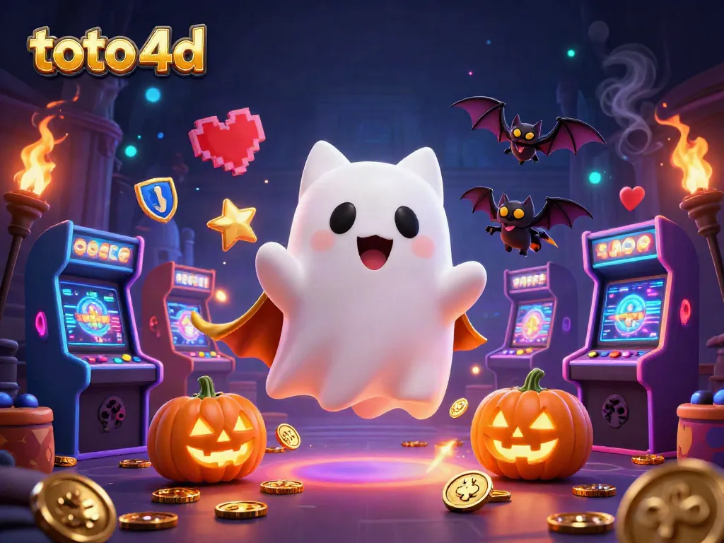 Toto 4D menghadirkan kucing hantu dan kelelawar berkeliling kasino, efek cahaya yang menarik.