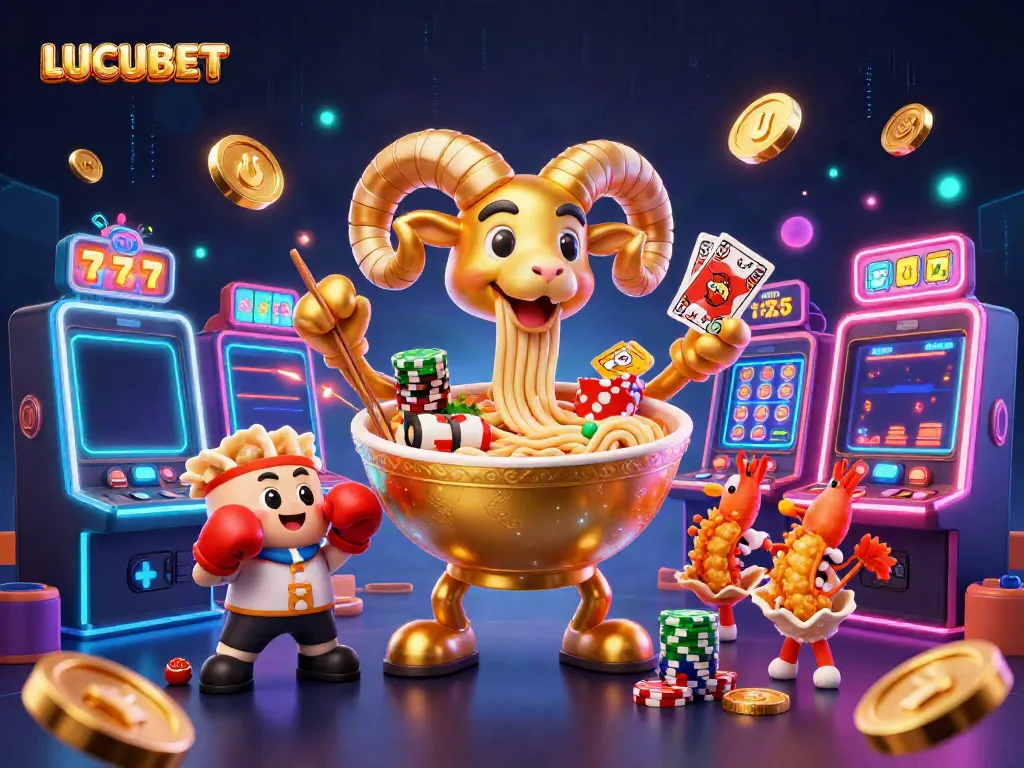 LUCUBET engaging with dynamic slot elements featuring a golden ramen bowl and cheerful sushi dealers.