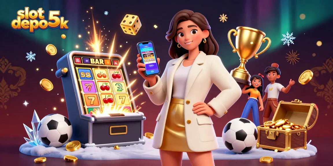 Experience the thrill of slot depo 5k with a winning atmosphere featuring dynamic 3D illustrations of casino elements.