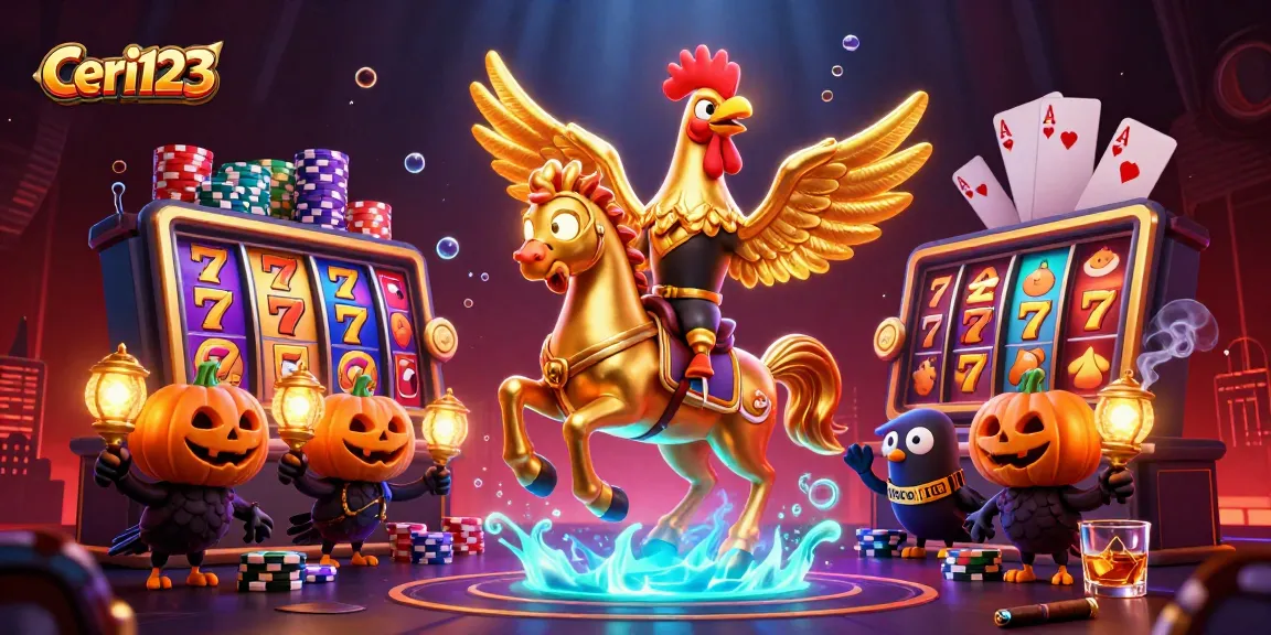 Ceri123 showcases winning slot strategies with a vibrant casino scene featuring golden rooster characters.