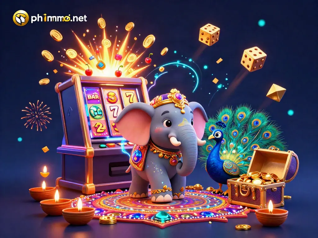 Experience the thrill of winning with phimmoi-net’s vibrant slot scene filled with a joyful elephant and peacock.