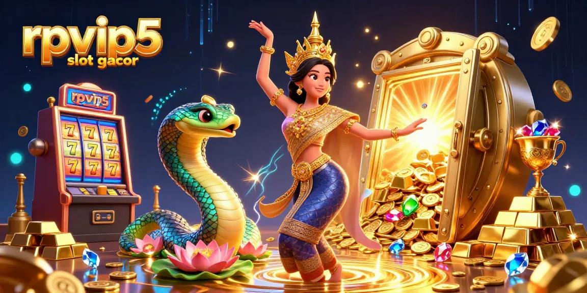 Win big with rpvip5 slot gacor in a vibrant, dynamic casino illustration featuring treasures and luck.