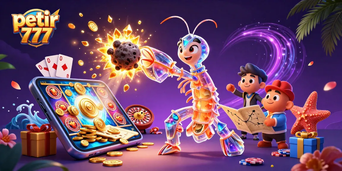 Experience the thrill of petir 777 slots with a vibrant display of gaming elements and characters.