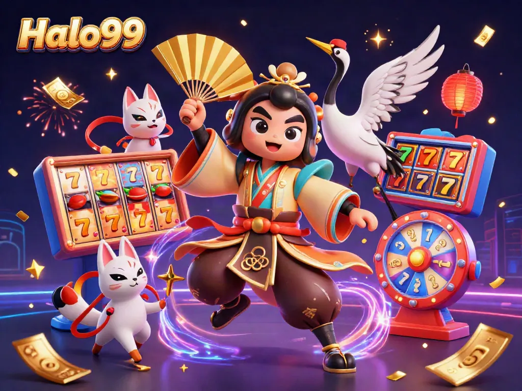 Engage with the thrilling energy of Halo99's casino world featuring vibrant characters and gaming elements.