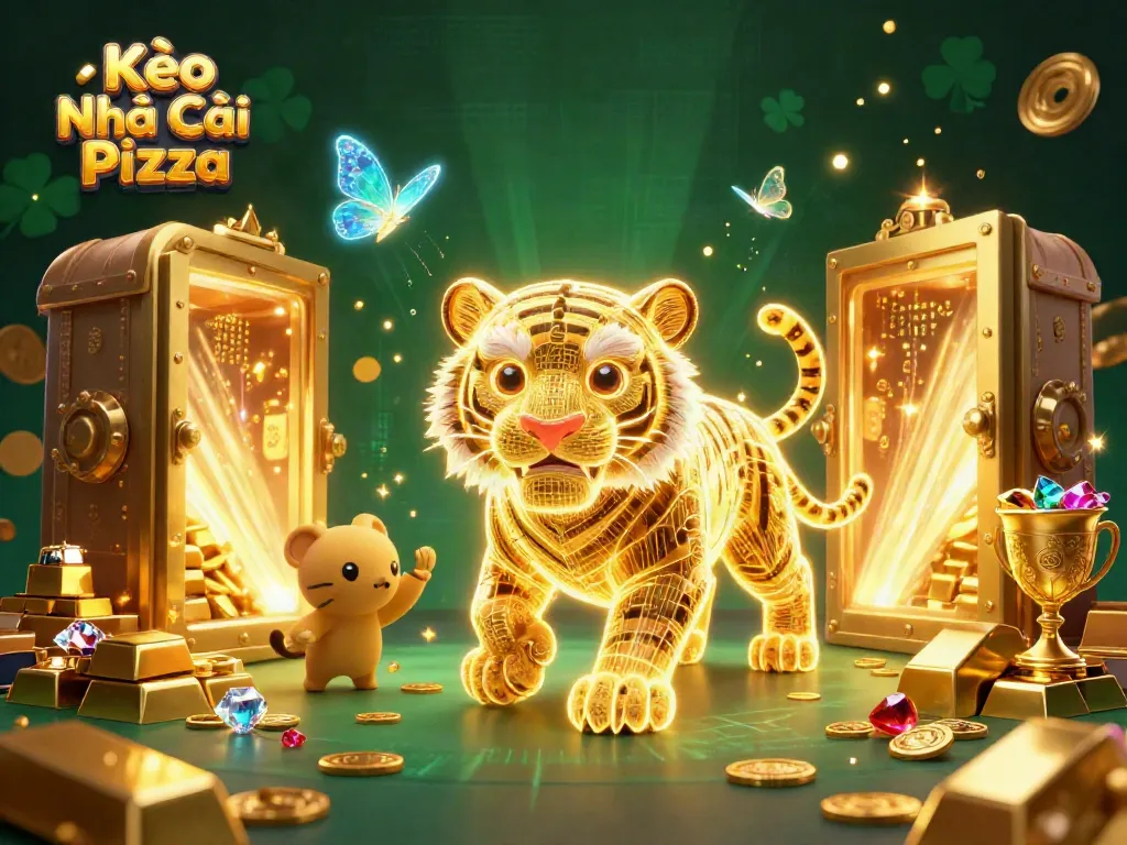 Kèo Nhà Cái Pizza showcases vibrant 3D tiger and butterflies in a digital casino bursting with treasures.