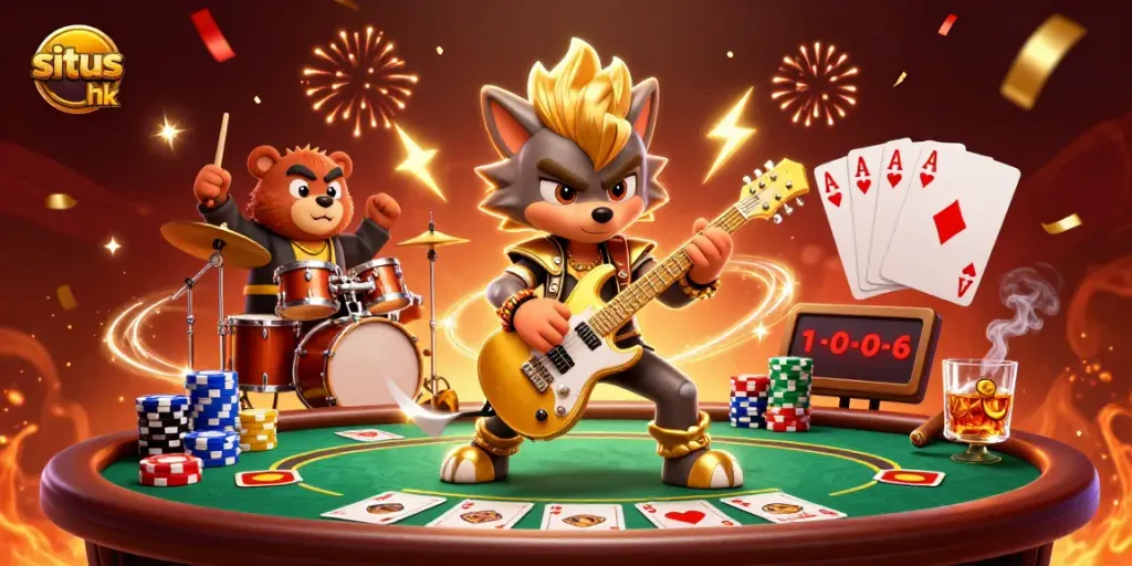 Permainan situs hk dengan karakter seru di panggung kasino, dikelilingi chip poker dan kartu yang menarik.