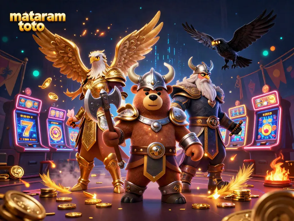 Experience mataram toto with a Viking bear and Valkyrie in a dynamic casino scene.