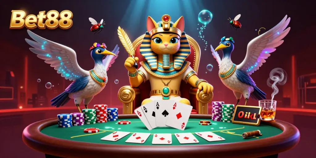 Bet88 pharaoh cat surrounded by poker elements, creating an engaging casino atmosphere.