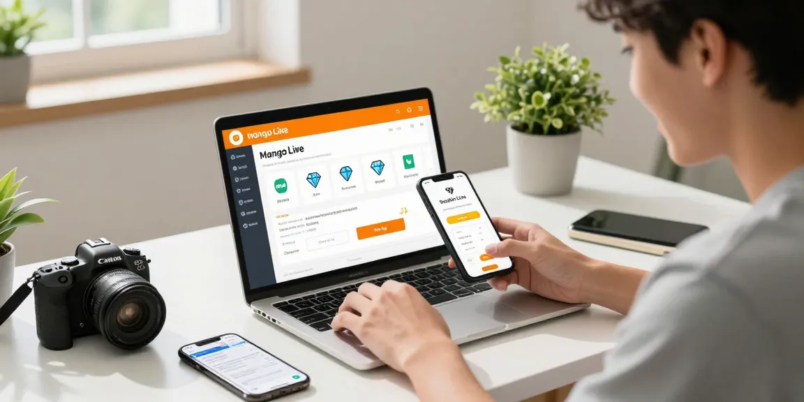Top up mango experience on a laptop, showcasing instant diamond purchase for Mango Live with payment icons.