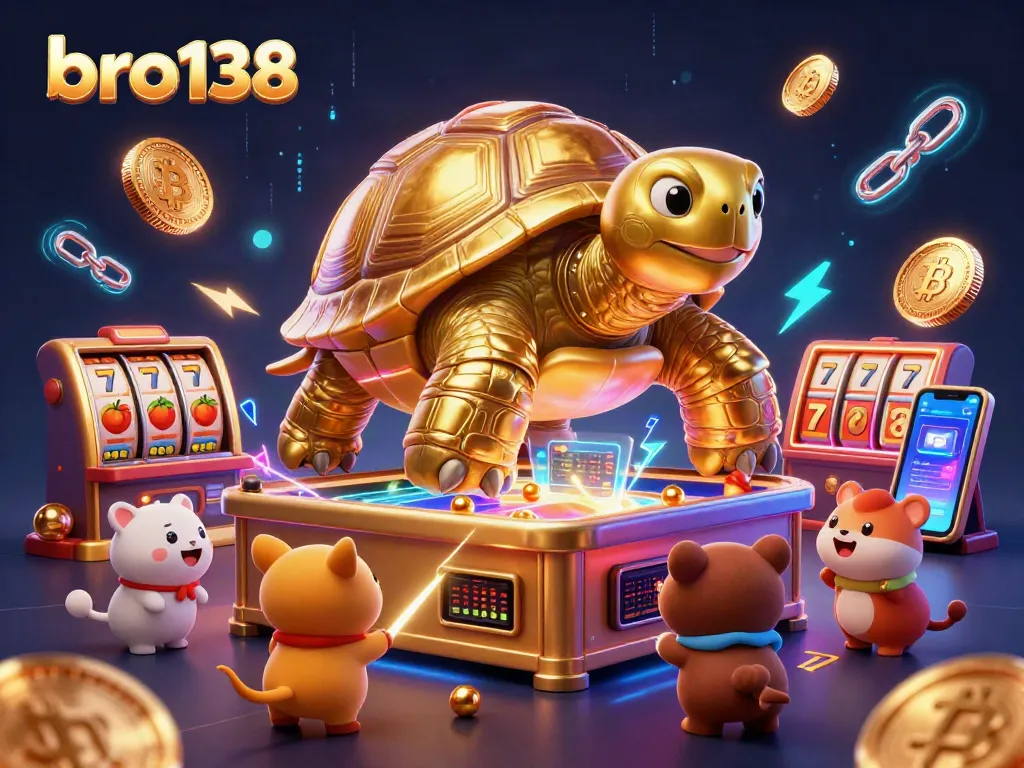 Engage in exciting casino action with bro138, featuring a colossal golden tortoise and vibrant gaming elements.