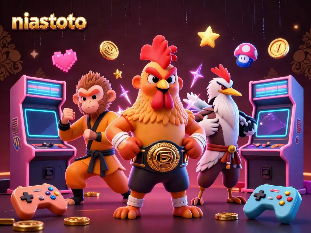 NIASTOTO presents a fierce rooster and martial artist in a vibrant casino-themed illustration.