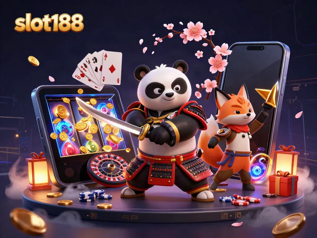 Slot188: Gacor dengan samurai panda dan ninja fox dalam suasana permainan yang kaya dan berenergi.