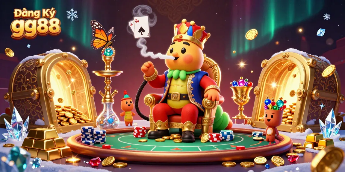 Experience thrilling poker at Đăng Ký gg88 with a luxurious 3D casino illustration, showcasing vibrant gem-studded treasures.