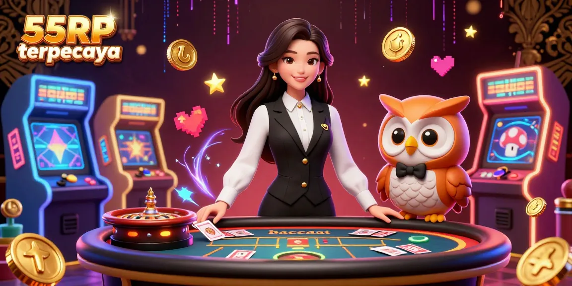 Experience top-notch gaming with 55RP terpercaya featuring an elegant dealer and vibrant casino elements.