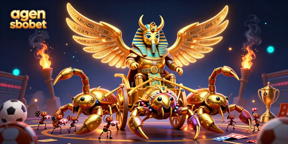 Agen sbobet sports betting illustration featuring a golden scarab beetle and scorpions amid vibrant elements.