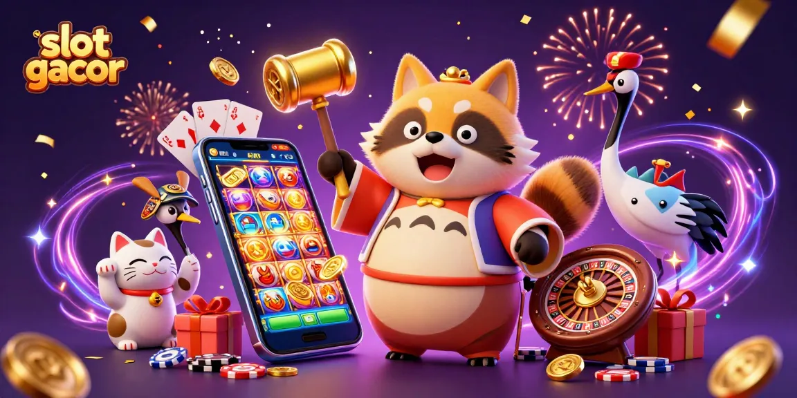 Engaging scene showcasing slot gacor with joyful tanuki, vibrant slot game elements, and festive energy.