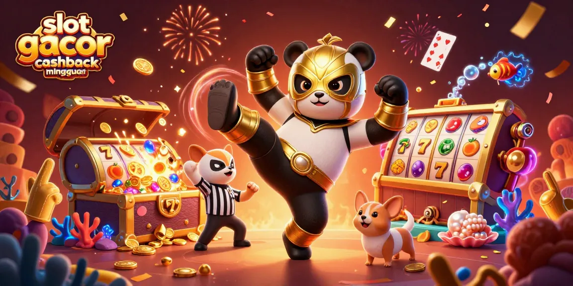 Engage in slot gacor games cashback mingguan with excitement featuring a wrestling panda amidst vibrant casino elements.