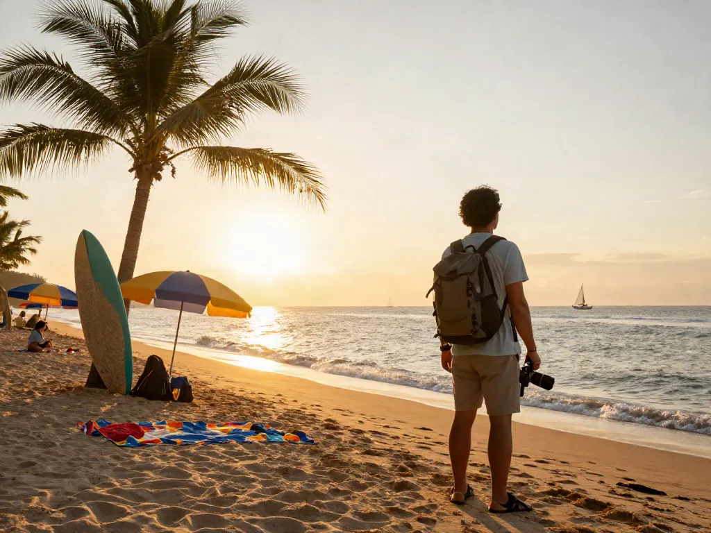 Pemandangan pantai indah dengan traveler melihat matahari terbenam, menunjukkan pengalaman pecah25.