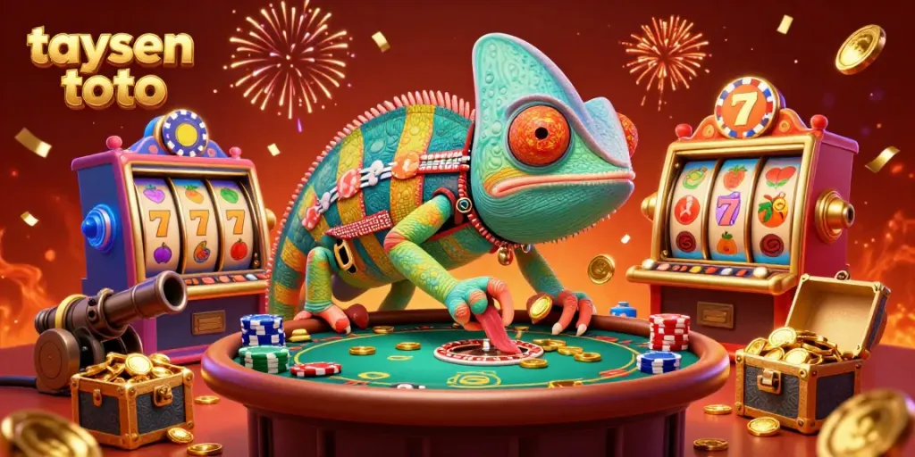 Experience the excitement of taysen toto with a vibrant chameleon casino owner surrounded by colorful slot game elements and dazzling confetti.