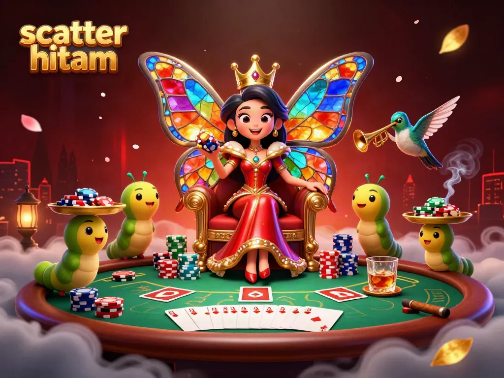 Menangkan scatter hitam di meja poker dengan penguasa 3D yang bersinar dan suasana meriah.