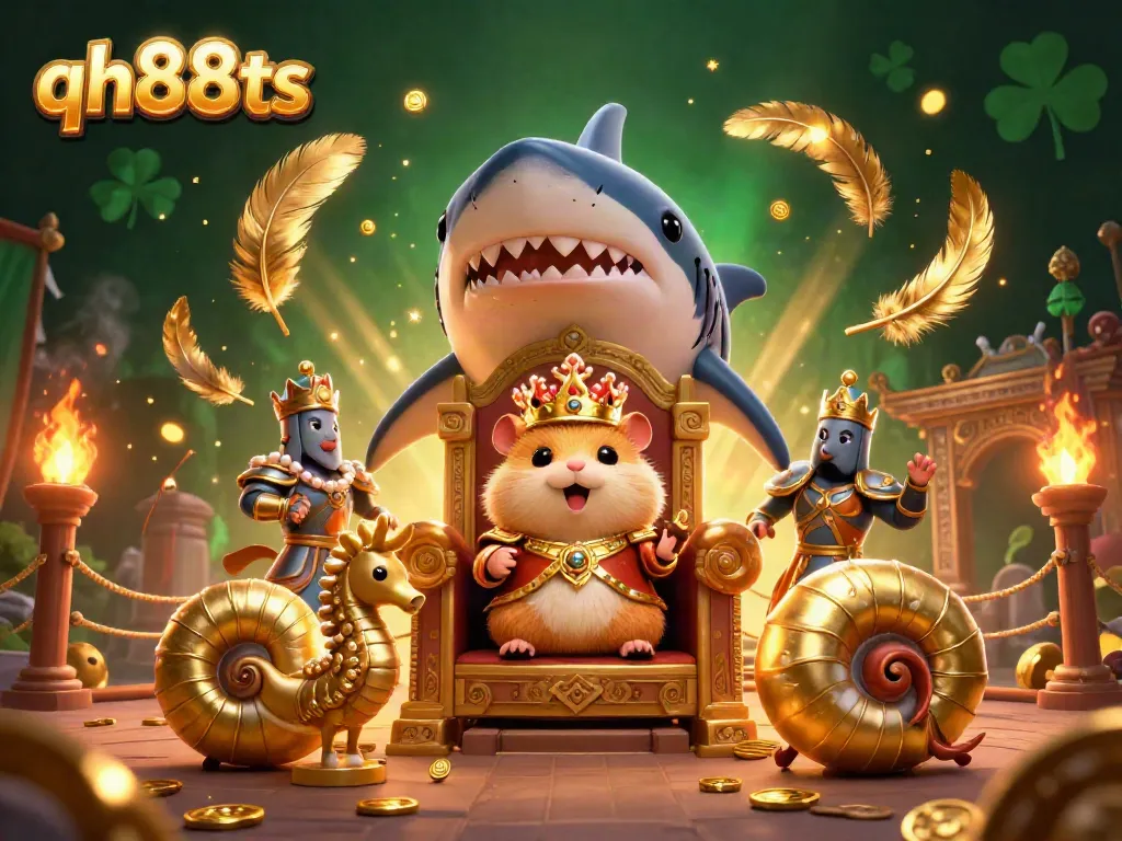 Experience the vibrant world of qh88ts with a fierce golden hamster king, seahorse guards, and stunning casino elements.