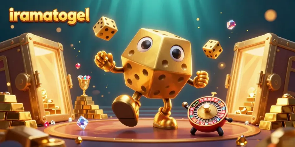 Experience the thrill of iramatogel with dynamic golden dice and shimmering treasures in this exciting casino scene.