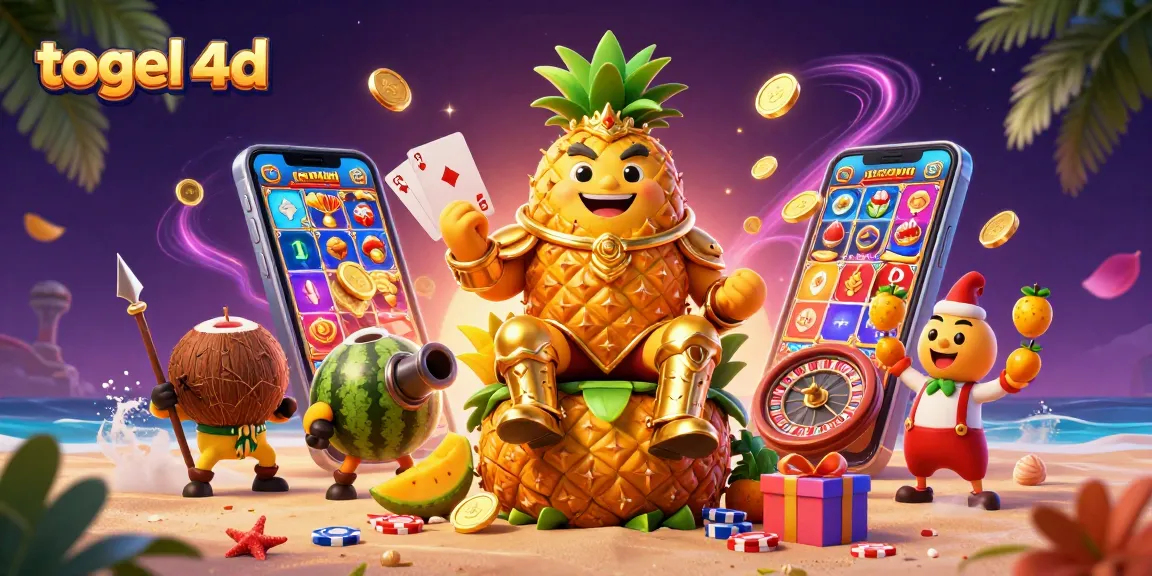 Menggunakan togel 4D, raja nanas kartun menghibur dengan permainan kasino di latar pantai.