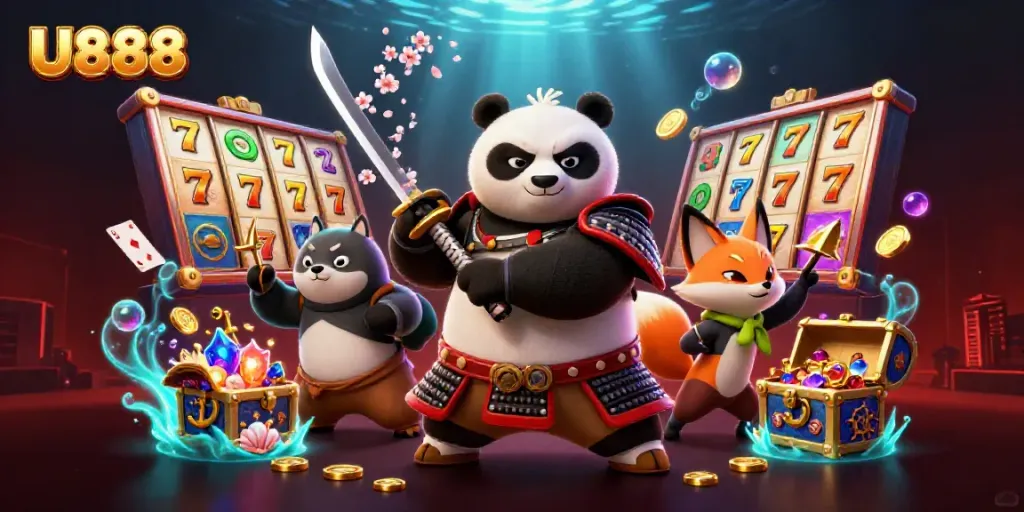 Engage with U888's vivid 3D scene featuring characters and slots, promising exciting casino moments.