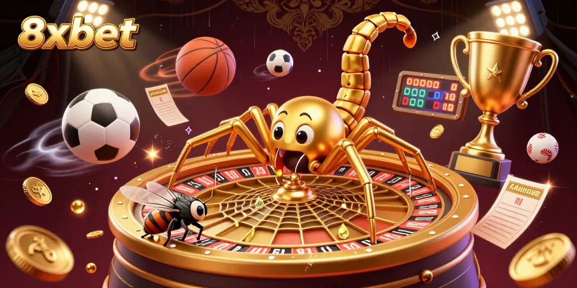 Experience thrilling bets with 8xbet in a vibrant casino scene featuring a golden spider and croupier.