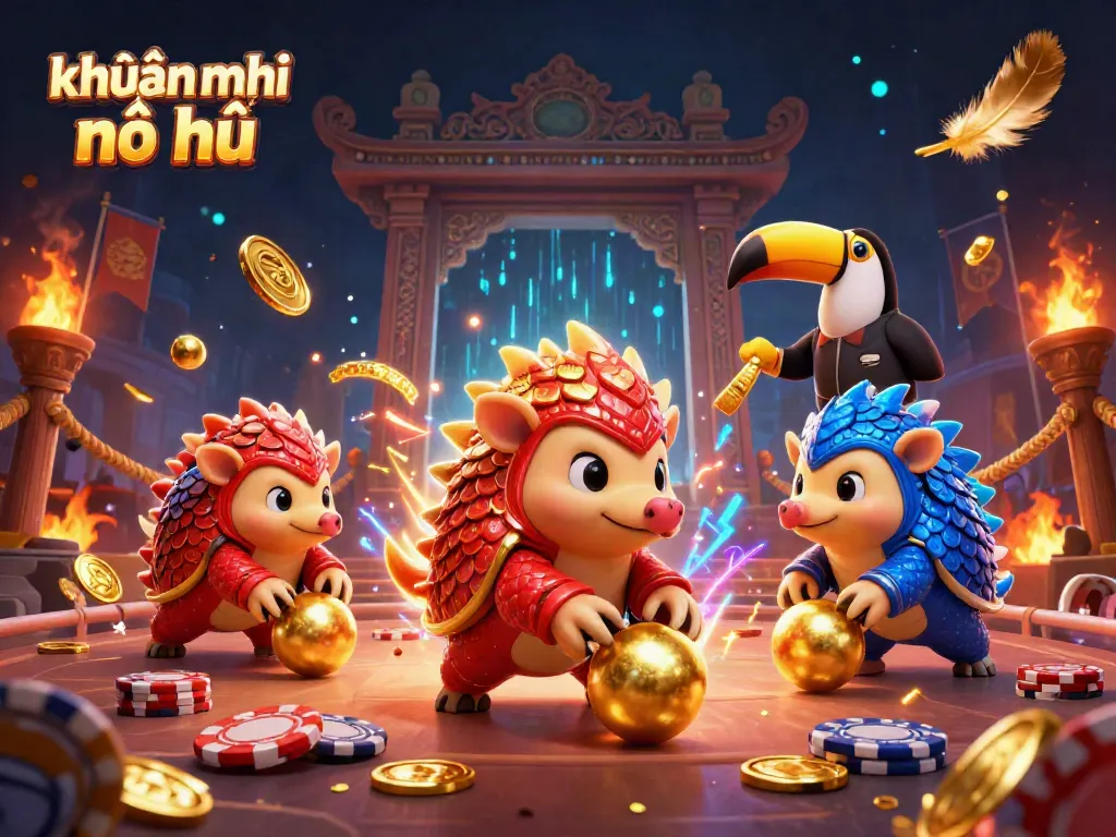 Experience thrilling khuyến mãi nổ hũ with energetic pangolins bowling through poker chips in an exciting casino scene.