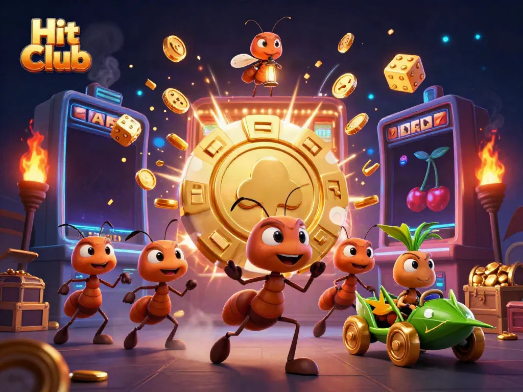 Hit Club ants on a heist with a golden poker chip amidst vibrant casino elements.