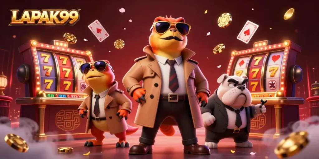 LAPAK99 showcases a humorous scene of three raptors in a trench coat attempting to enter a VIP casino lounge, surrounded by vibrant casino elements.