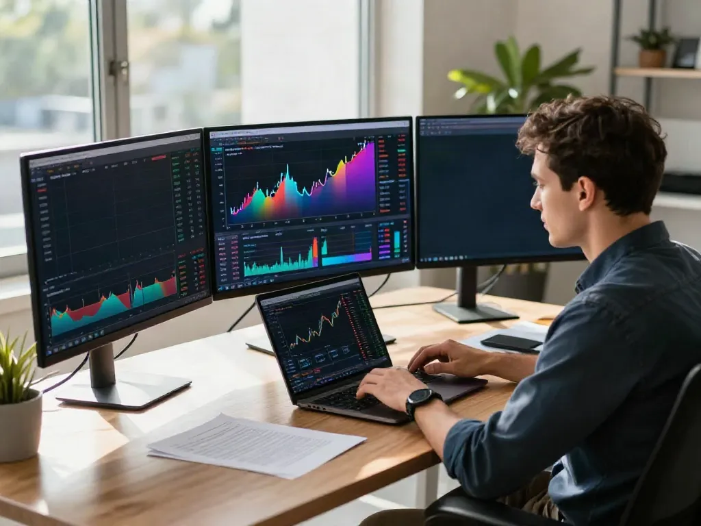 MEXC US Stocks trading scene with professional investor analyzing market data in a modern workspace