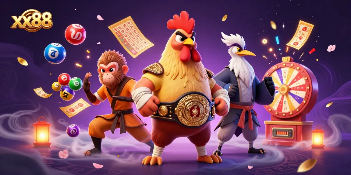 Engage with xx88's vibrant lottery-themed 3D scene featuring dynamic characters and game elements.