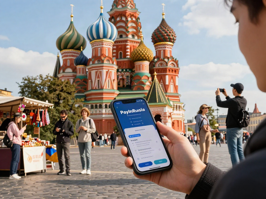 Pelancong menggunakan aplikasi https://payinrussia.com/ di depan landmark Rusia dengan suasana ceria.