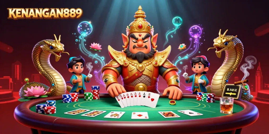 Play poker with KENANGAN889 surrounded by Thai guardian and Naga serpents in an enchanting scene.