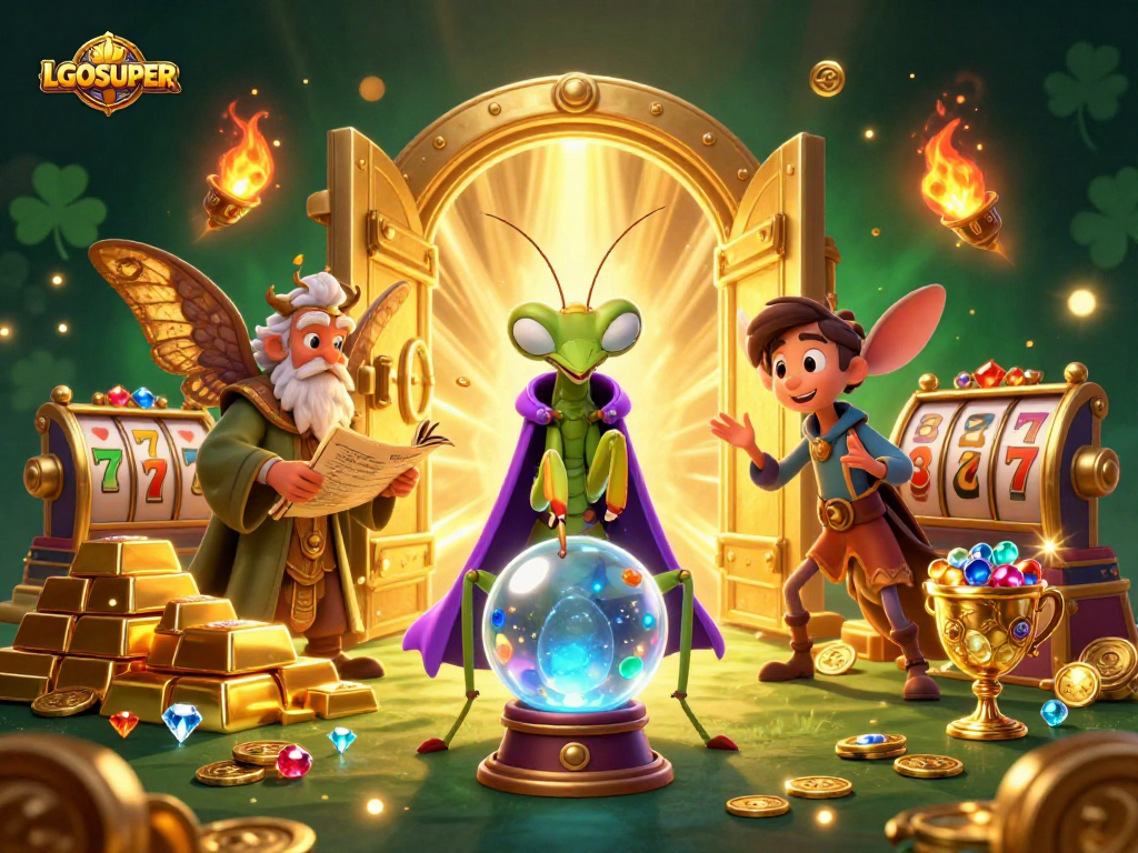 Experience thrilling slots at LGOSUPER with a vibrant scene of fortune tellers and treasures.