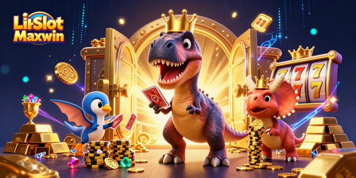 Slot Maxwin menunjukkan T-Rex dan teman-teman beraksi di kasino dengan chip emas dan harta karun.