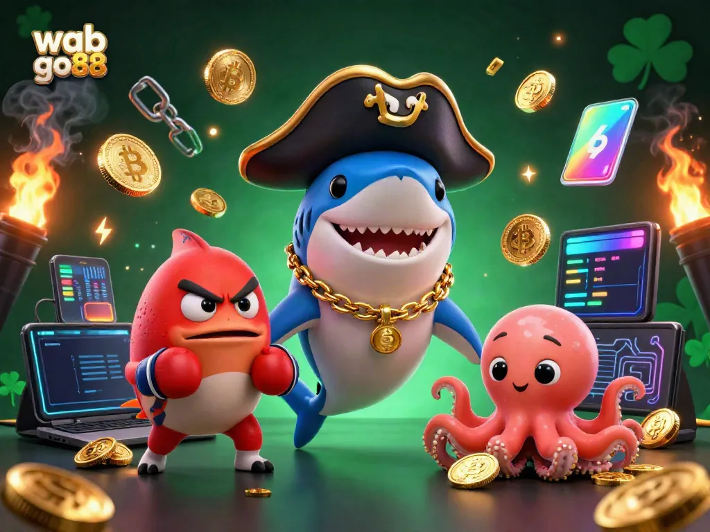 Engage with web go88 as the pirate shark and friends celebrate crypto gaming with gold coins and vibrant graphics.